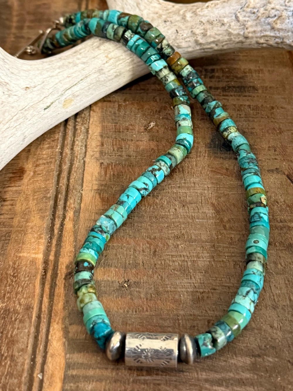 Kingman Turquoise Heishi Necklace, Sterling Silver Navajo Pearls, 18 Inch